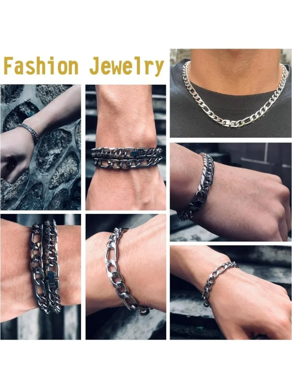 Stylish 3PCS Cuban Figaro Chain Jewelry Set - Silver, Gold, Black Stainless